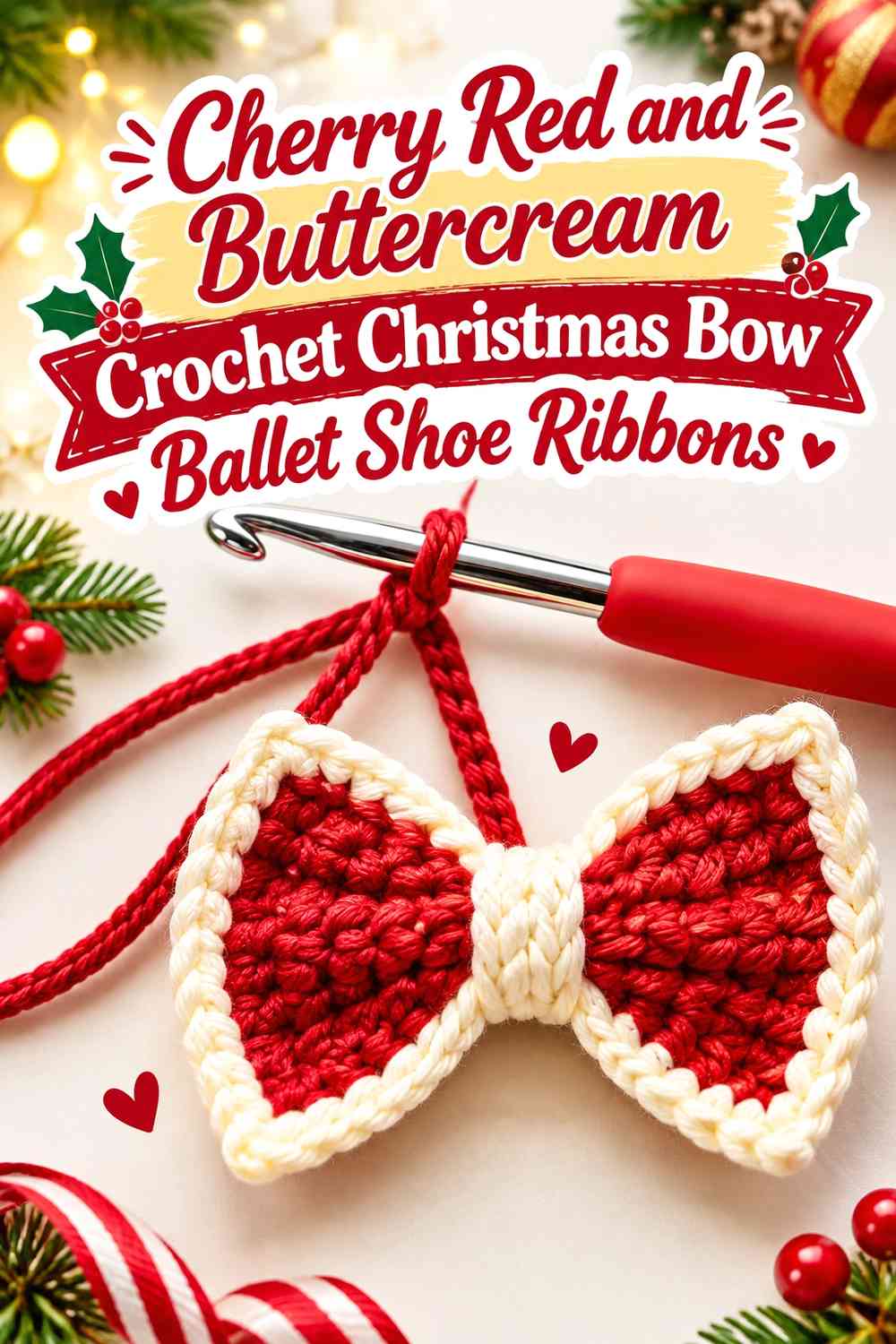 Cherry Red and Buttercream Crochet Christmas Bow Ballet Shoe Ribbons