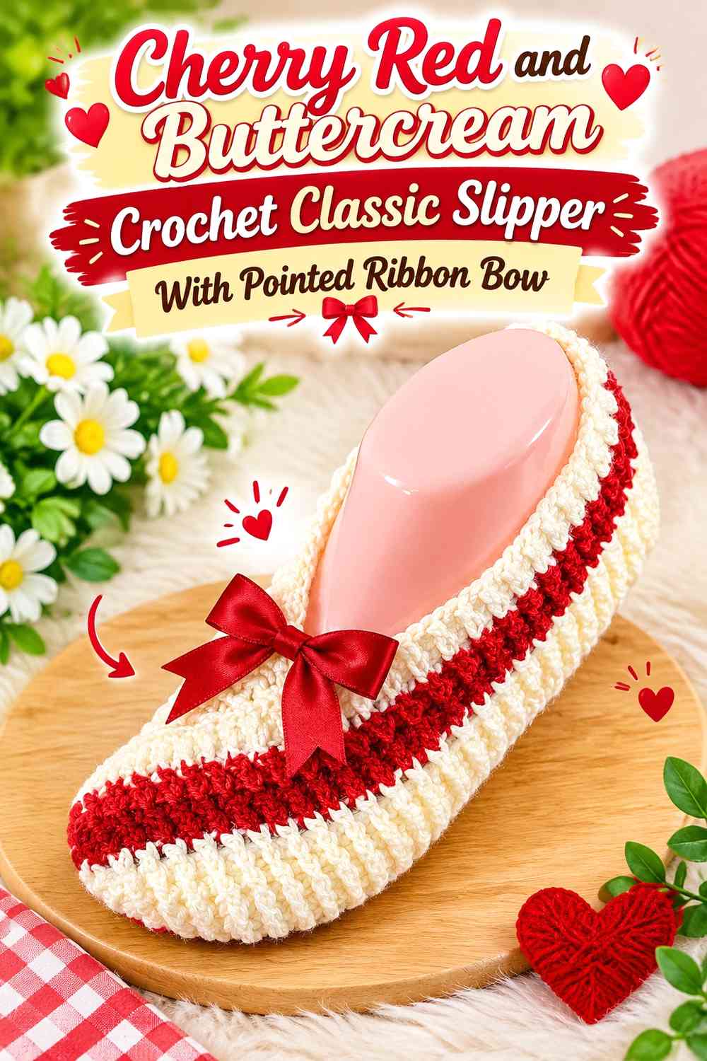 Cherry Red and Buttercream Crochet Classic Slipper With Pointed Ribbon Bow