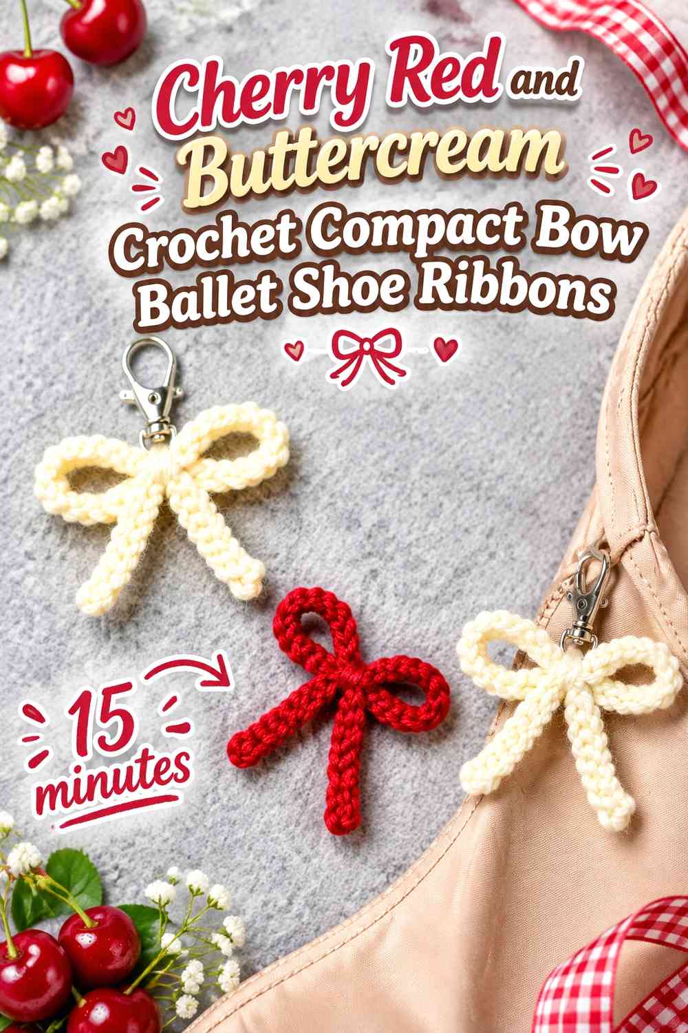 Cherry Red and Buttercream Crochet Compact Bow Ballet Shoe Ribbons