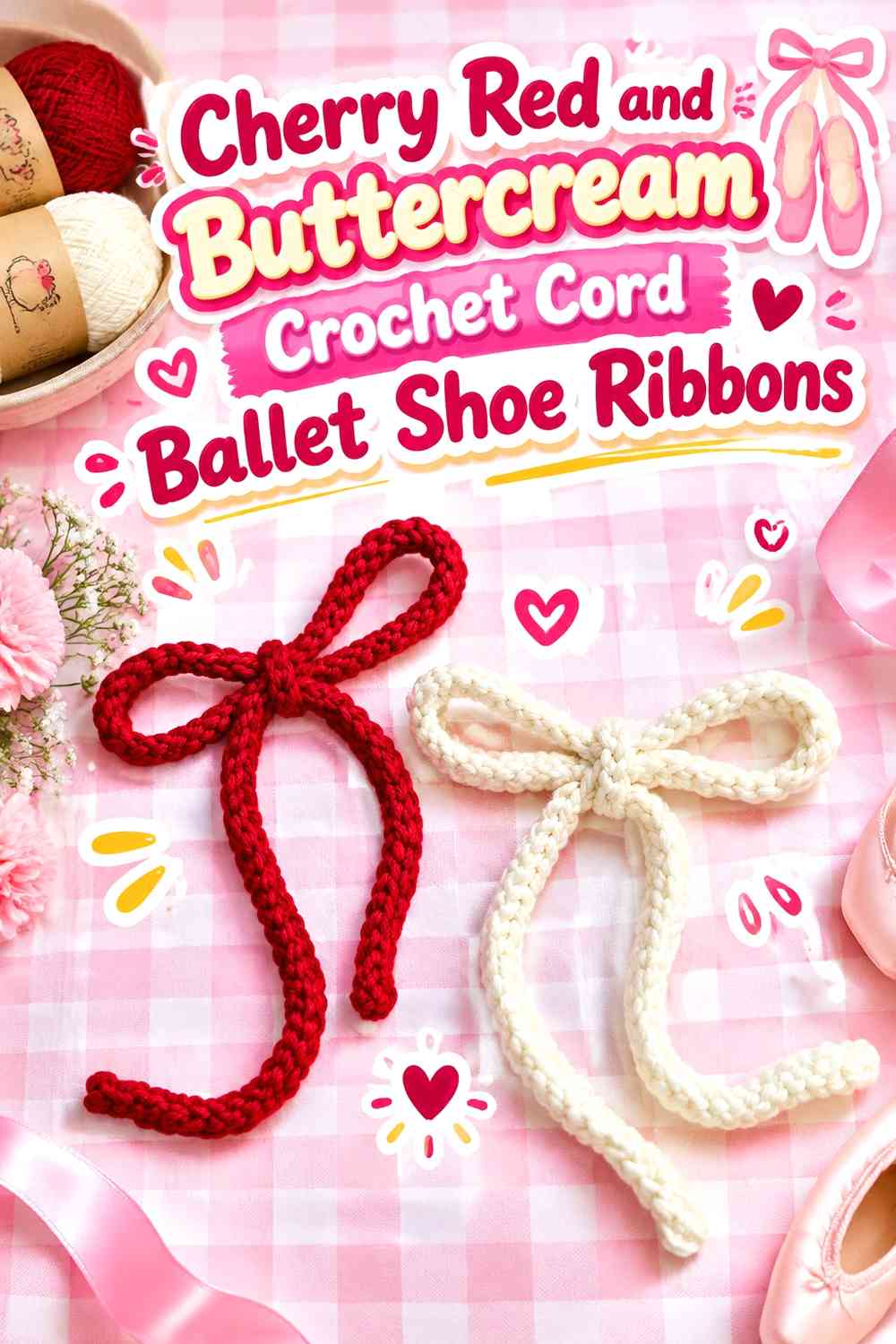 Cherry Red and Buttercream Crochet Cord Ballet Shoe Ribbons