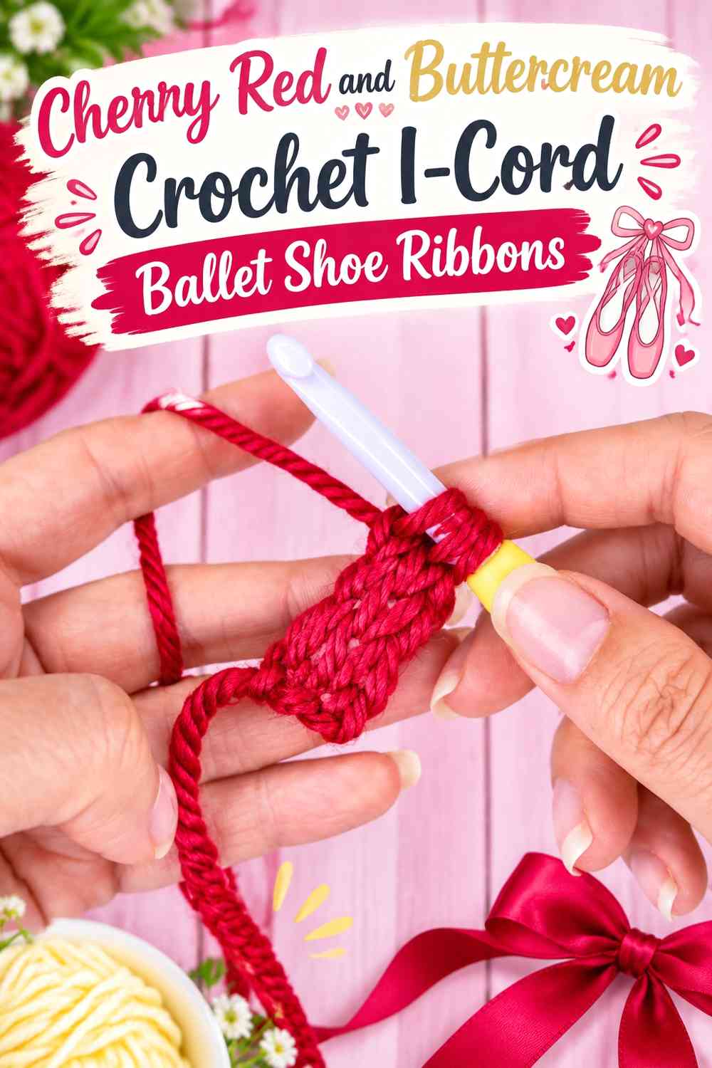 Cherry Red and Buttercream Crochet I-Cord Ballet Shoe Ribbons