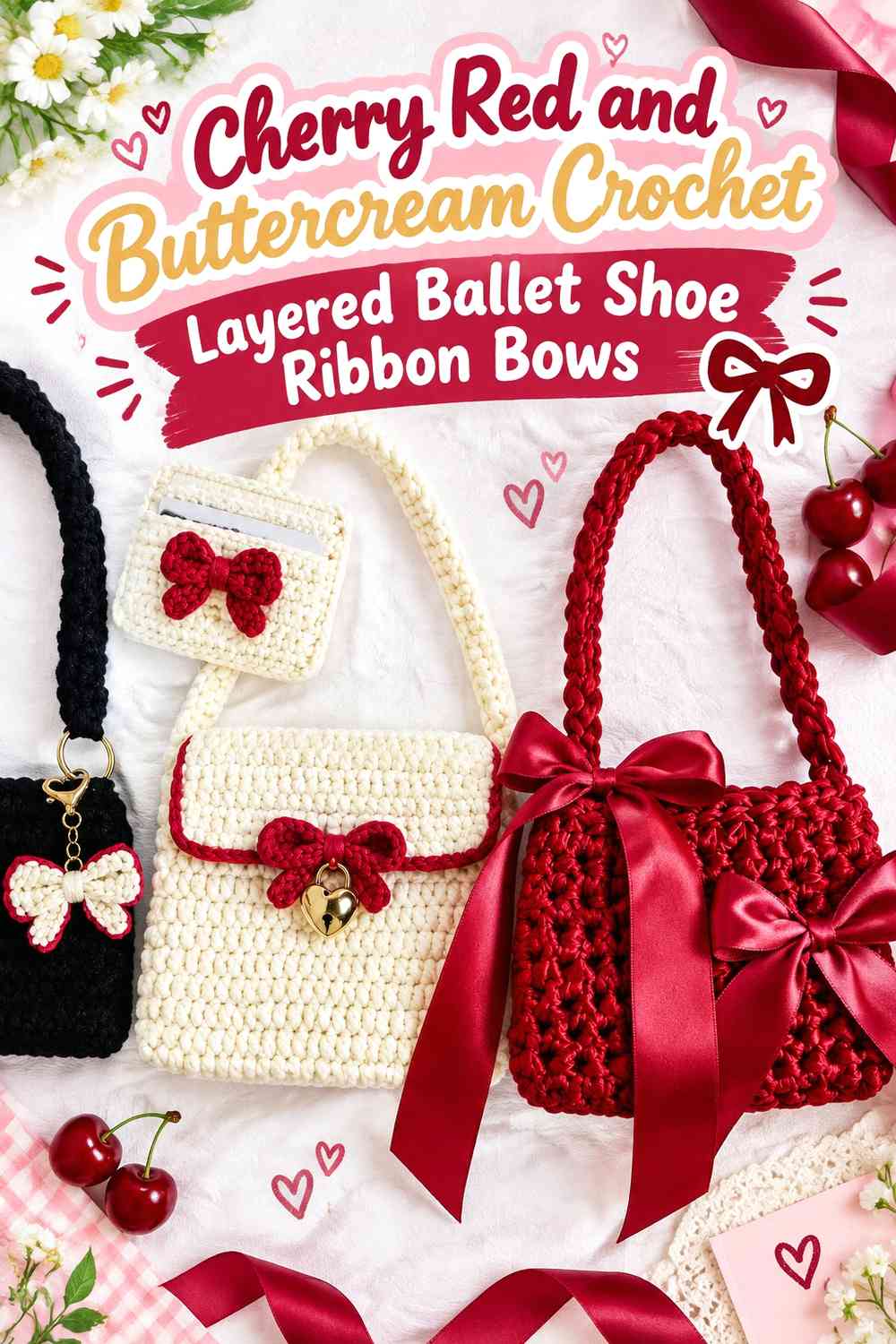 Cherry Red and Buttercream Crochet Layered Ballet Shoe Ribbon Bows