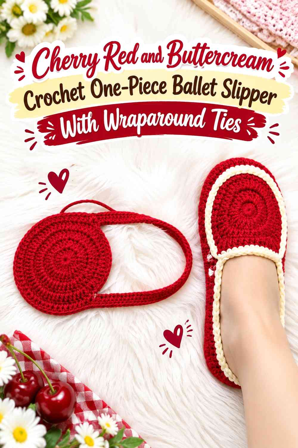 Cherry Red and Buttercream Crochet One-Piece Ballet Slipper With Wraparound Ties