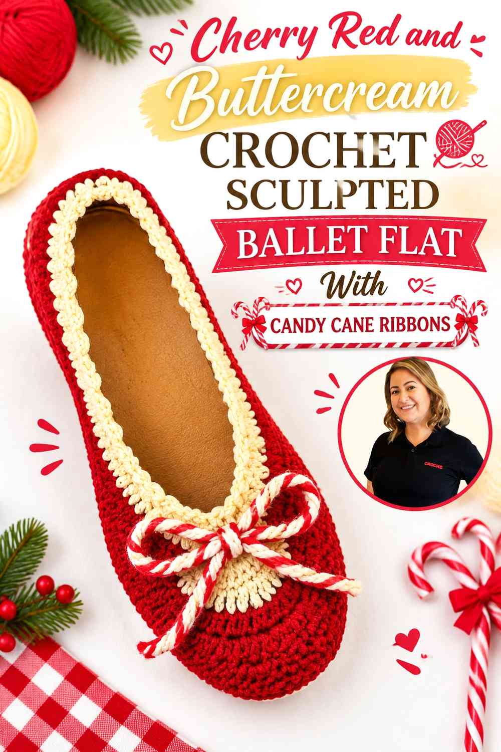 Cherry Red and Buttercream Crochet Sculpted Ballet Flat With Candy Cane Ribbons