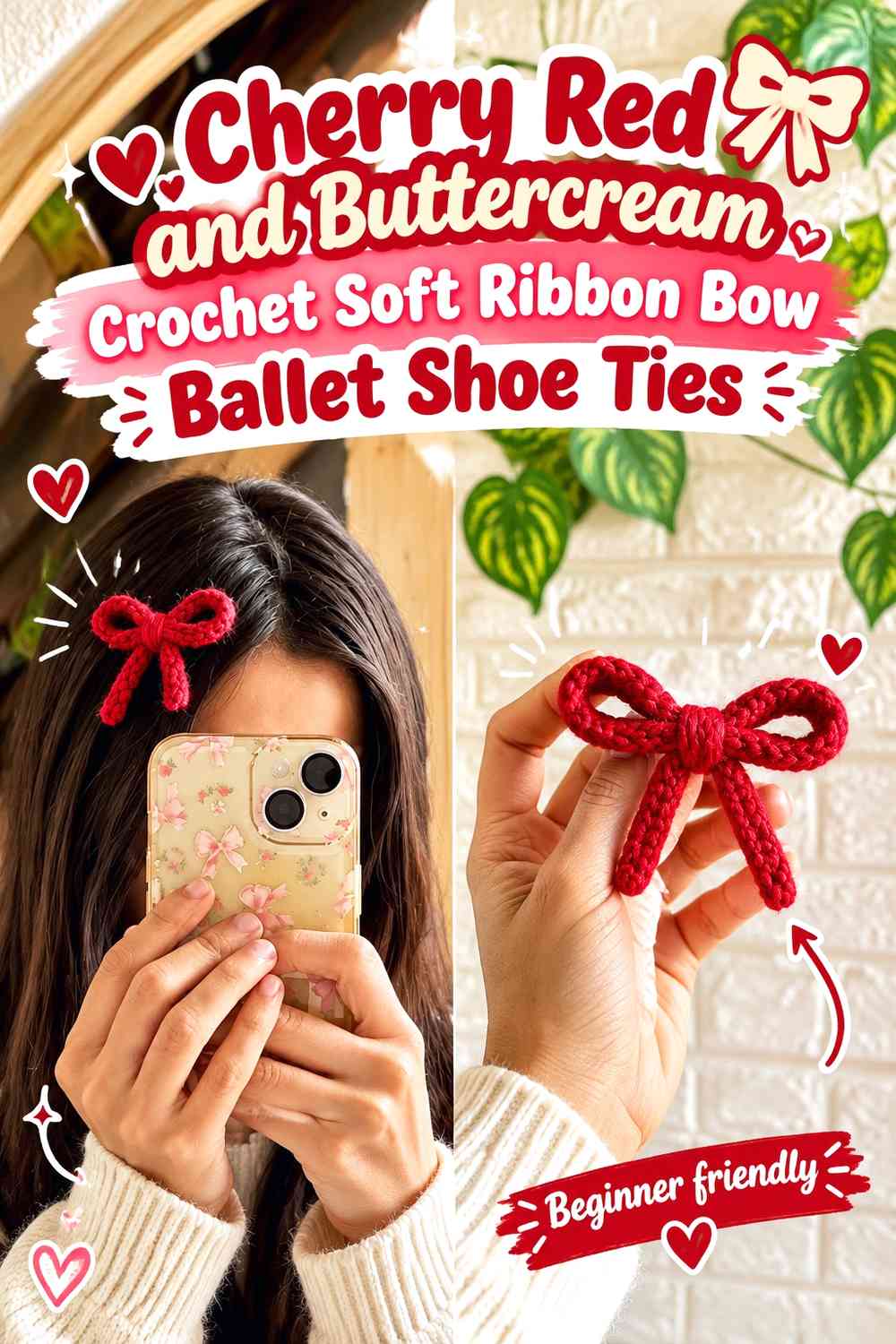 Cherry Red and Buttercream Crochet Soft Ribbon Bow Ballet Shoe Ties