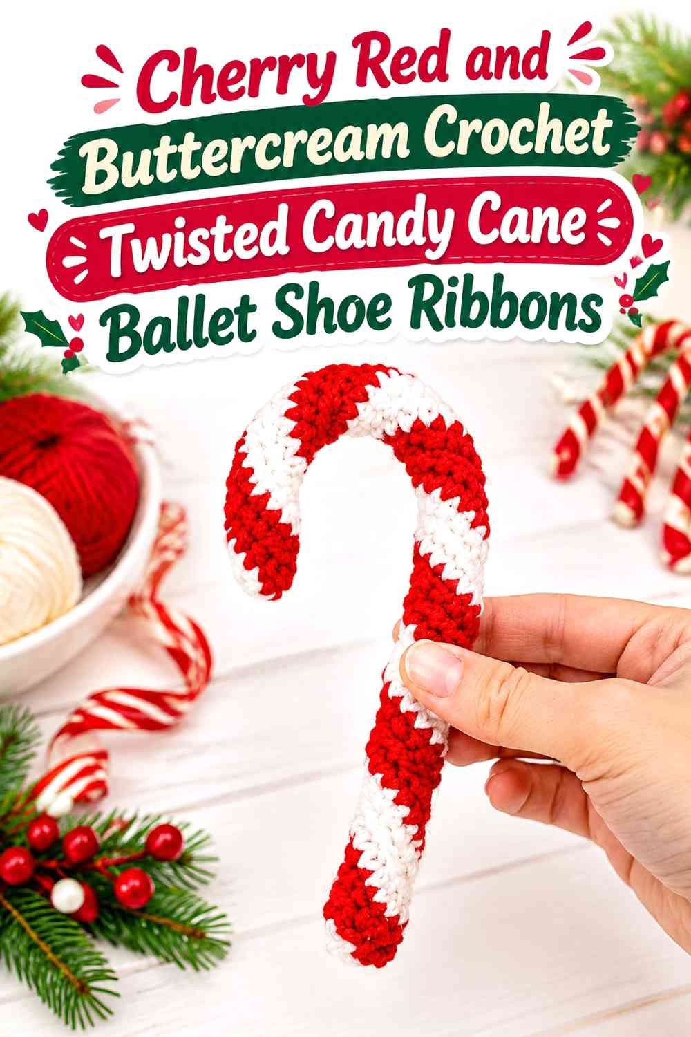 Cherry Red and Buttercream Crochet Twisted Candy Cane Ballet Shoe Ribbons