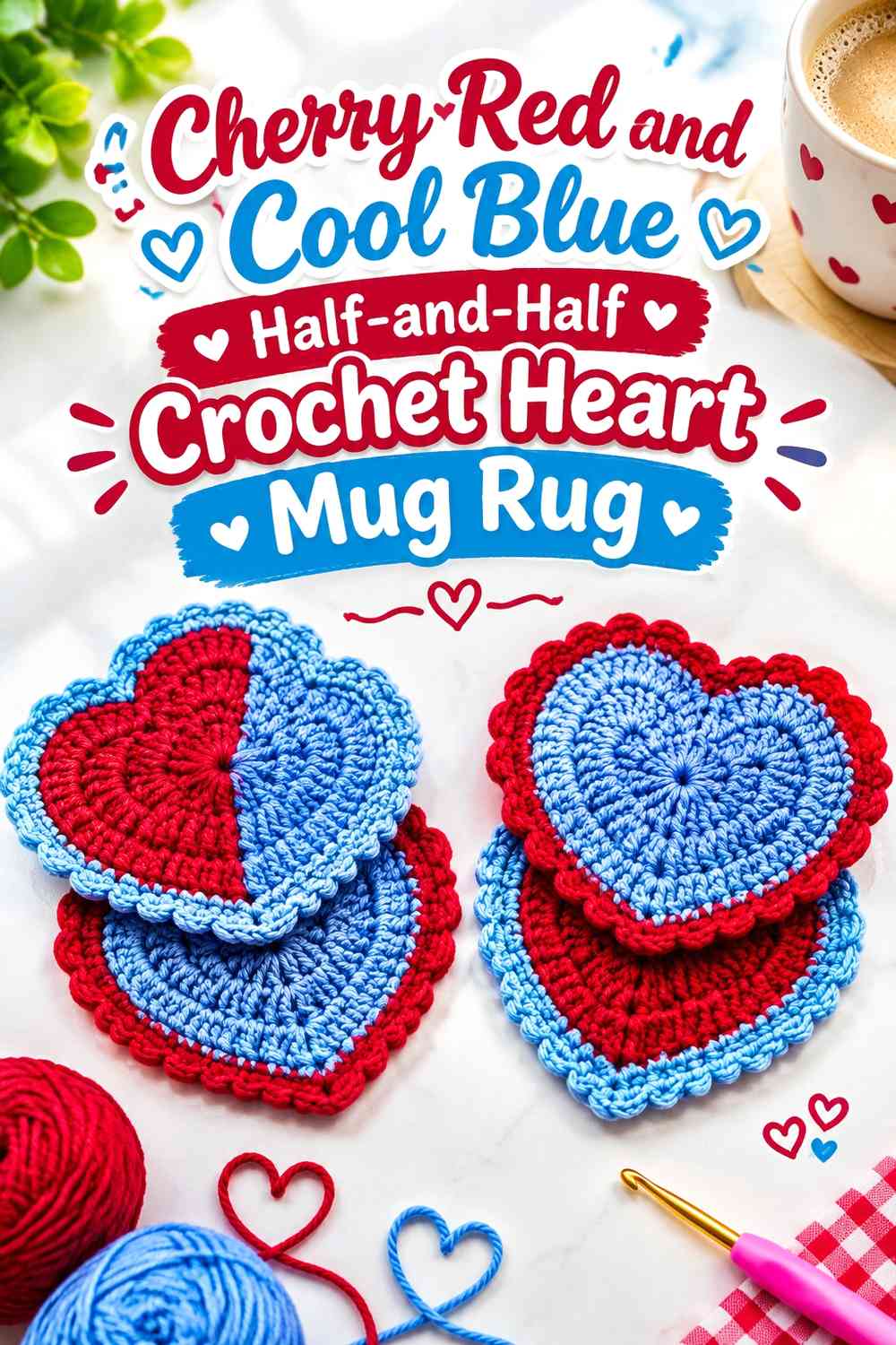 Cherry Red and Cool Blue Half-and-Half Crochet Heart Mug Rug