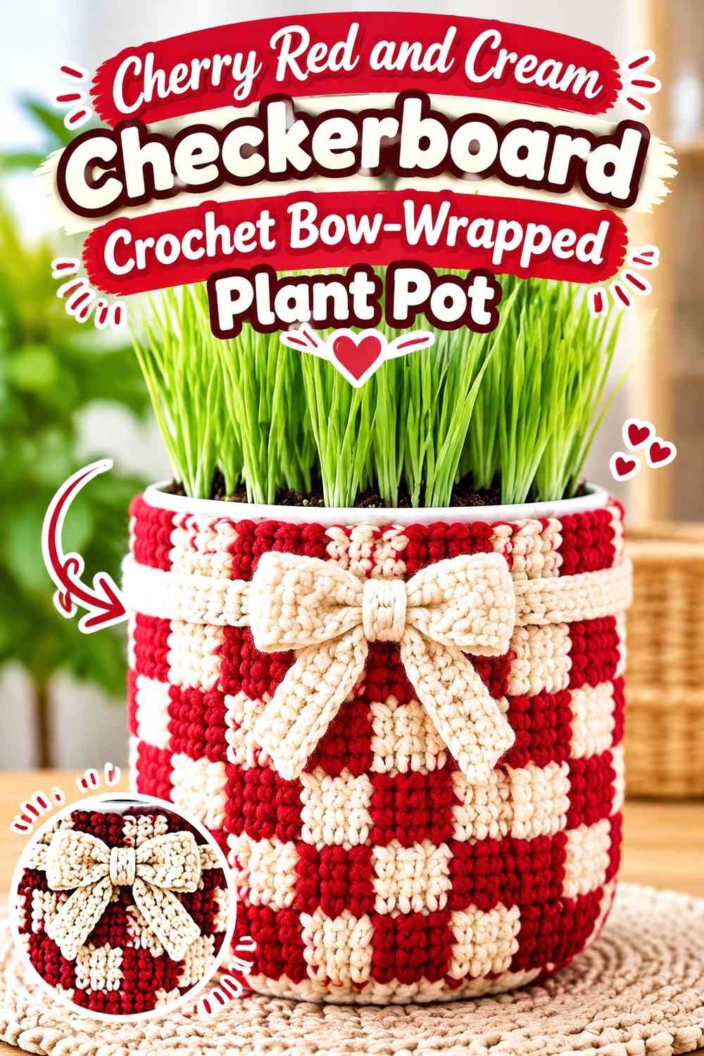 Cherry Red and Cream Checkerboard Crochet Bow-Wrapped Plant Pot