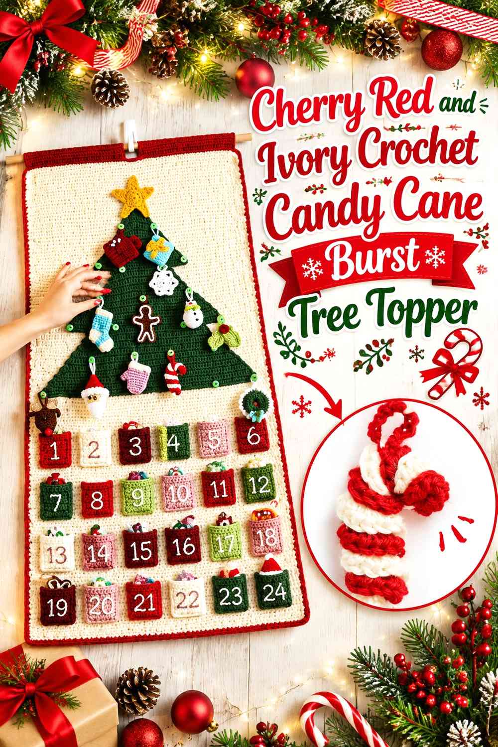 Cherry Red and Ivory Crochet Candy Cane Burst Tree Topper