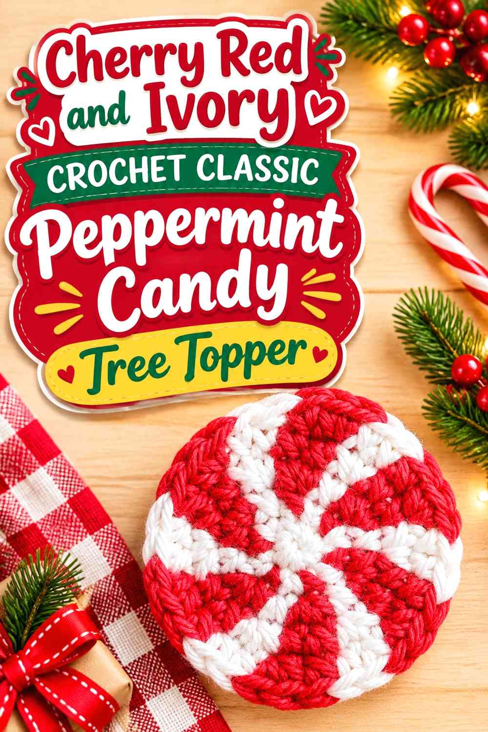 Cherry Red and Ivory Crochet Classic Peppermint Candy Tree Topper