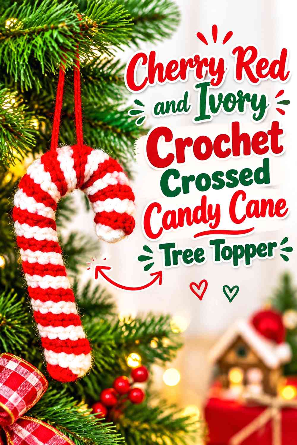 Cherry Red and Ivory Crochet Crossed Candy Cane Tree Topper