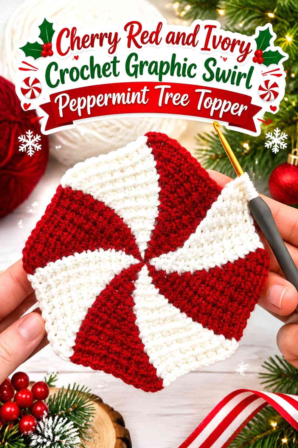 Cherry Red and Ivory Crochet Graphic Swirl Peppermint Tree Topper