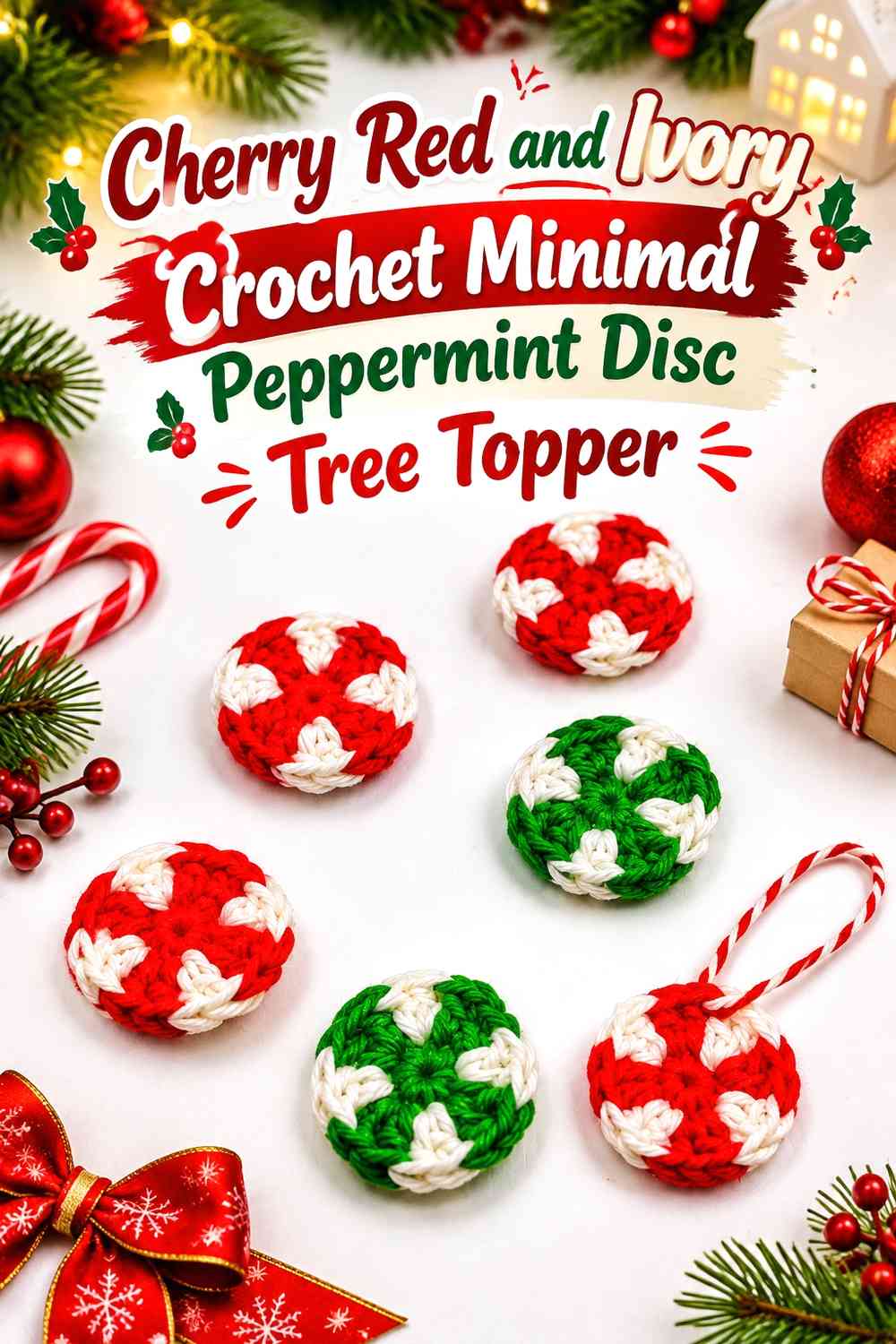 Cherry Red and Ivory Crochet Minimal Peppermint Disc Tree Topper