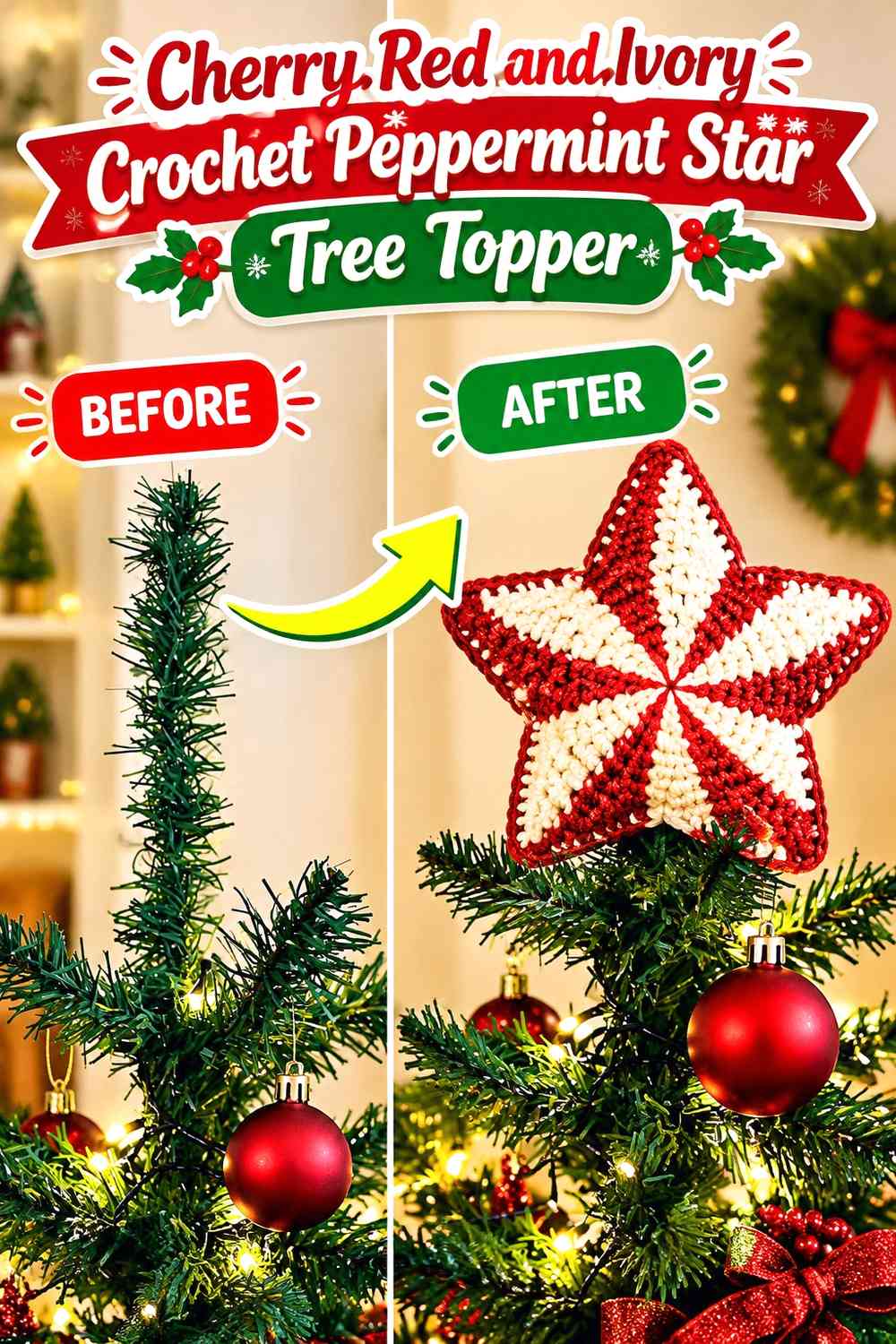Cherry Red and Ivory Crochet Peppermint Star Tree Topper