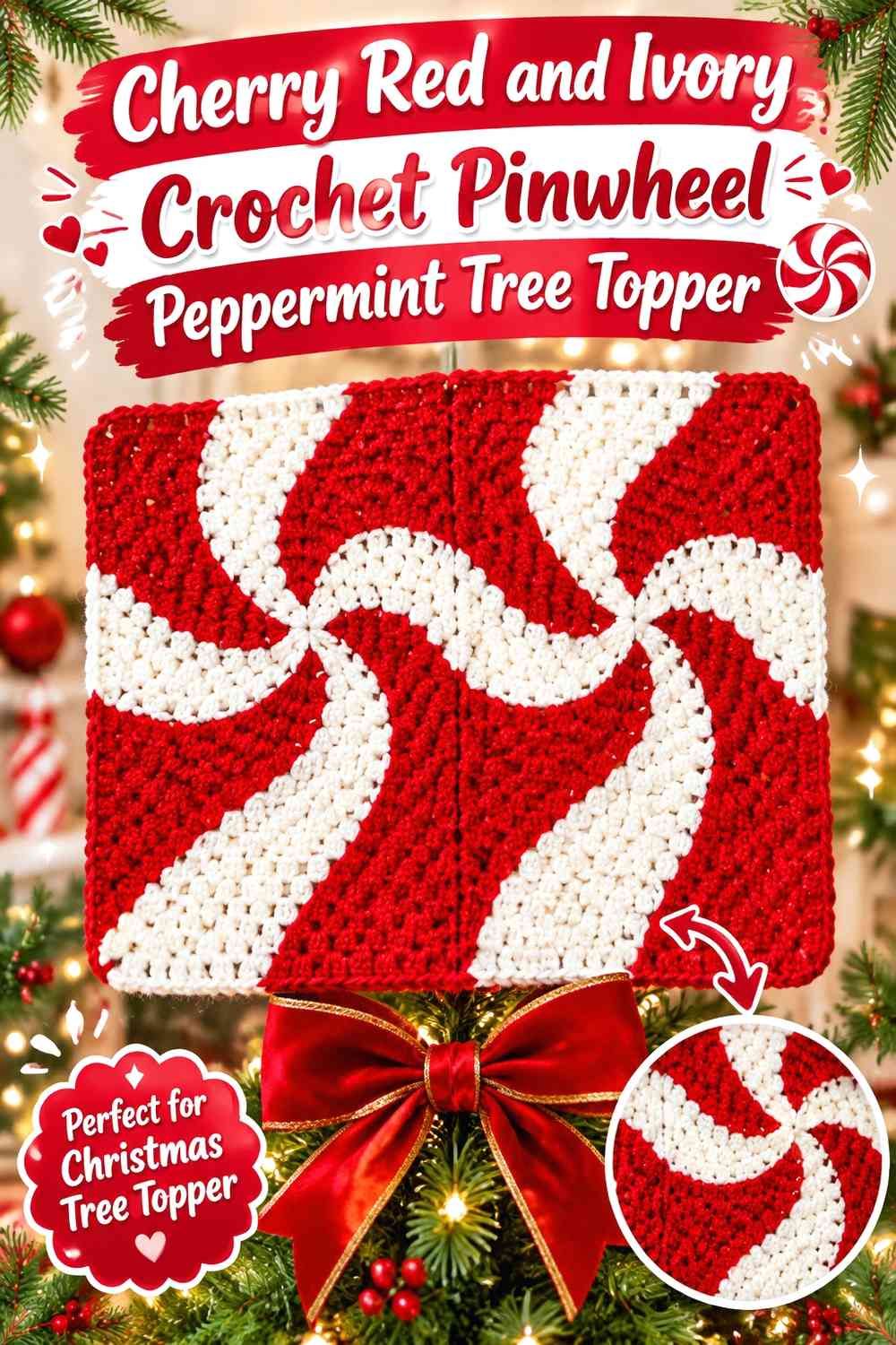 Cherry Red and Ivory Crochet Pinwheel Peppermint Tree Topper