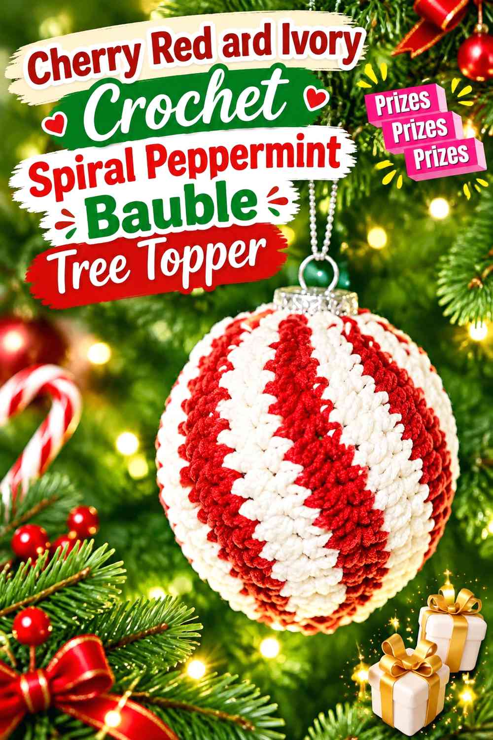 Cherry Red and Ivory Crochet Spiral Peppermint Bauble Tree Topper