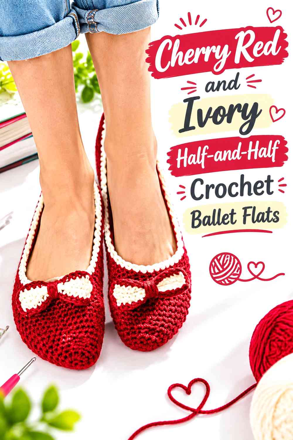 Cherry Red and Ivory Half-and-Half Crochet Ballet Flats