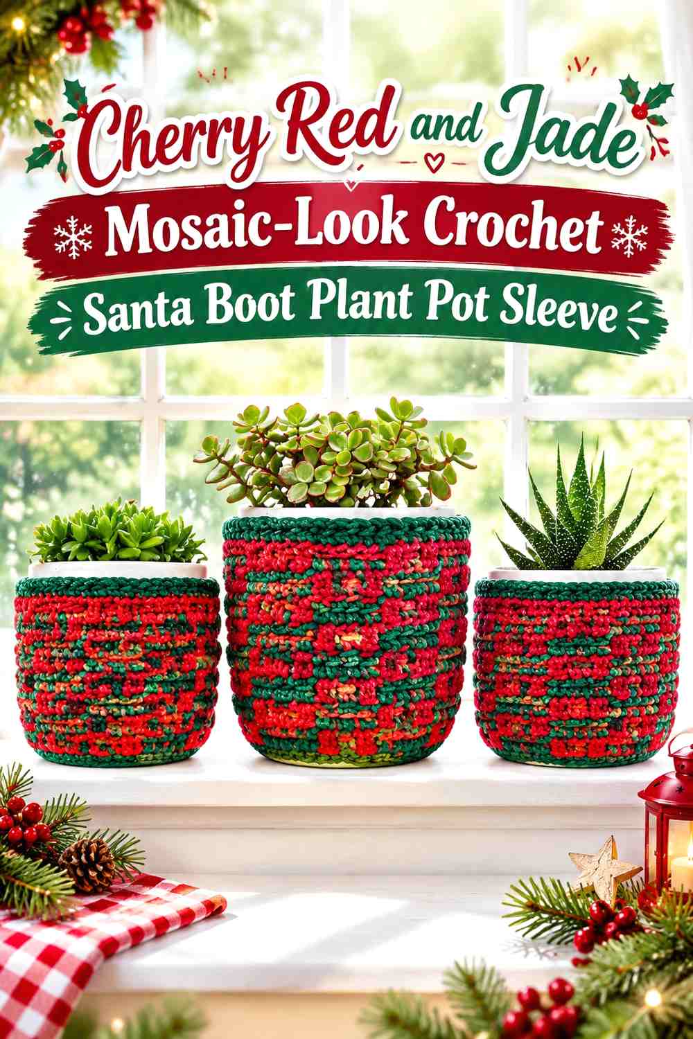 Cherry Red and Jade Mosaic-Look Crochet Santa Boot Plant Pot Sleeve