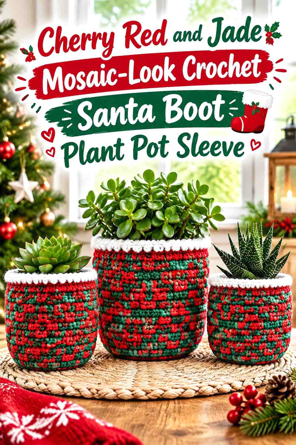 Cherry Red and Jade Mosaic-Look Crochet Santa Boot Plant Pot Sleeve