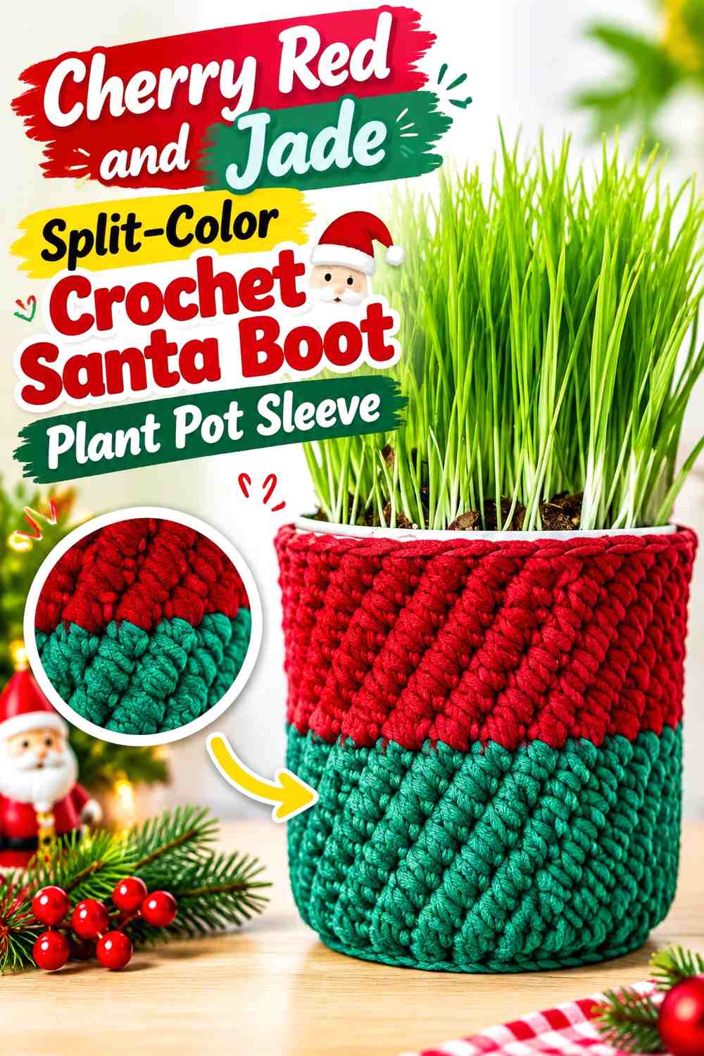 Cherry Red and Jade Split-Color Crochet Santa Boot Plant Pot Sleeve