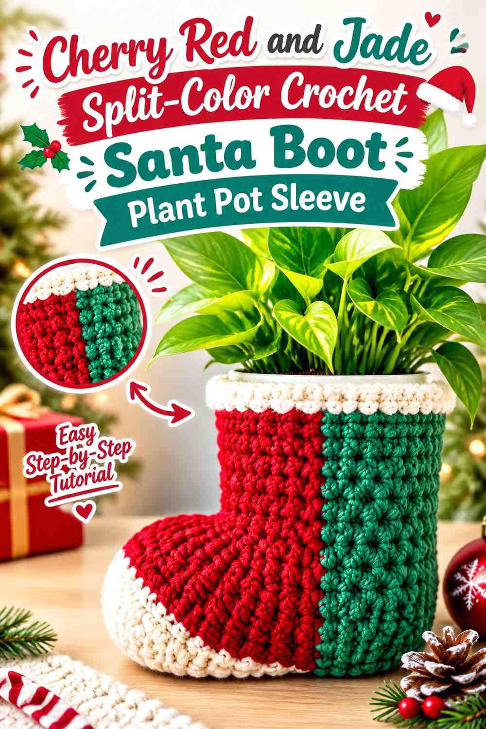 Cherry Red and Jade Split-Color Crochet Santa Boot Plant Pot Sleeve