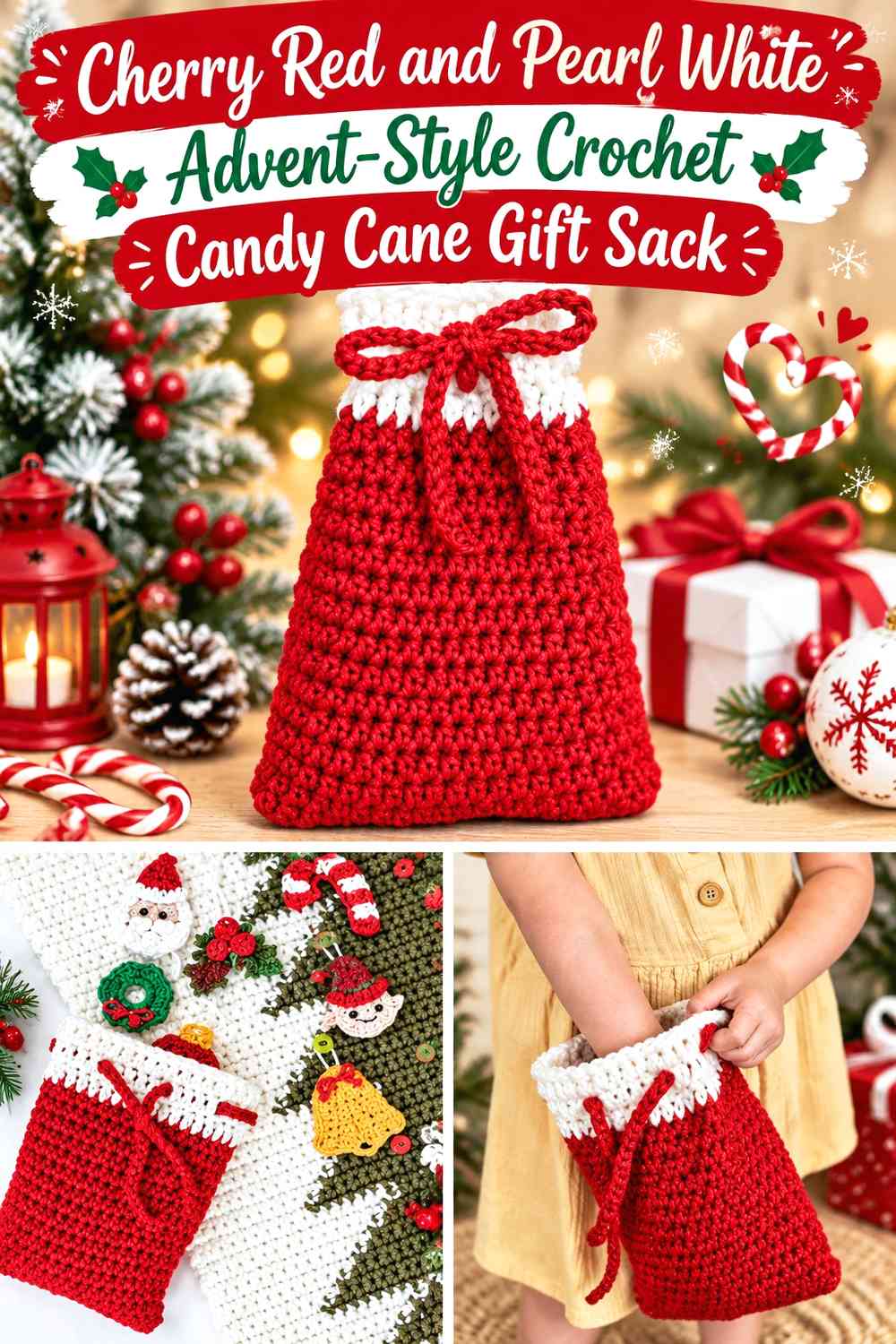 Cherry Red and Pearl White Advent-Style Crochet Candy Cane Gift Sack