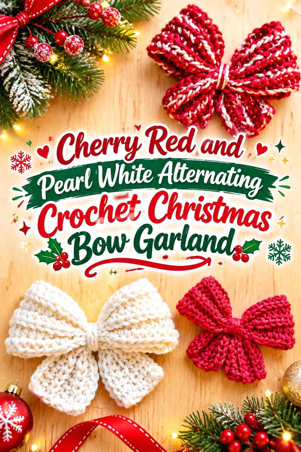 Cherry Red and Pearl White Alternating Crochet Christmas Bow Garland