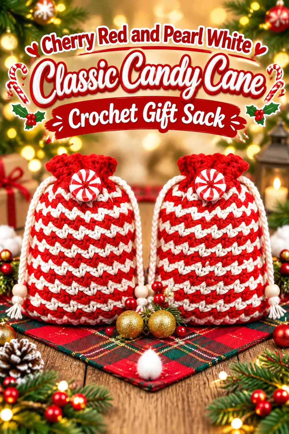 Cherry Red and Pearl White Classic Candy Cane Crochet Gift Sack