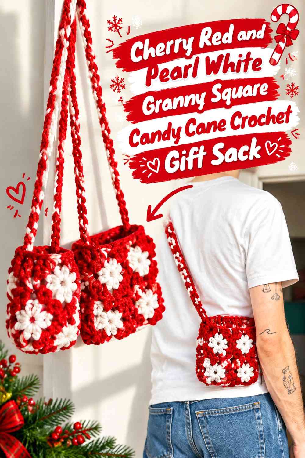 Cherry Red and Pearl White Granny Square Candy Cane Crochet Gift Sack