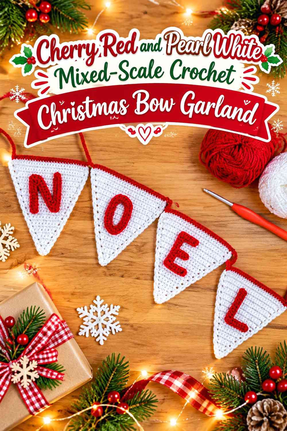 Cherry Red and Pearl White Mixed-Scale Crochet Christmas Bow Garland