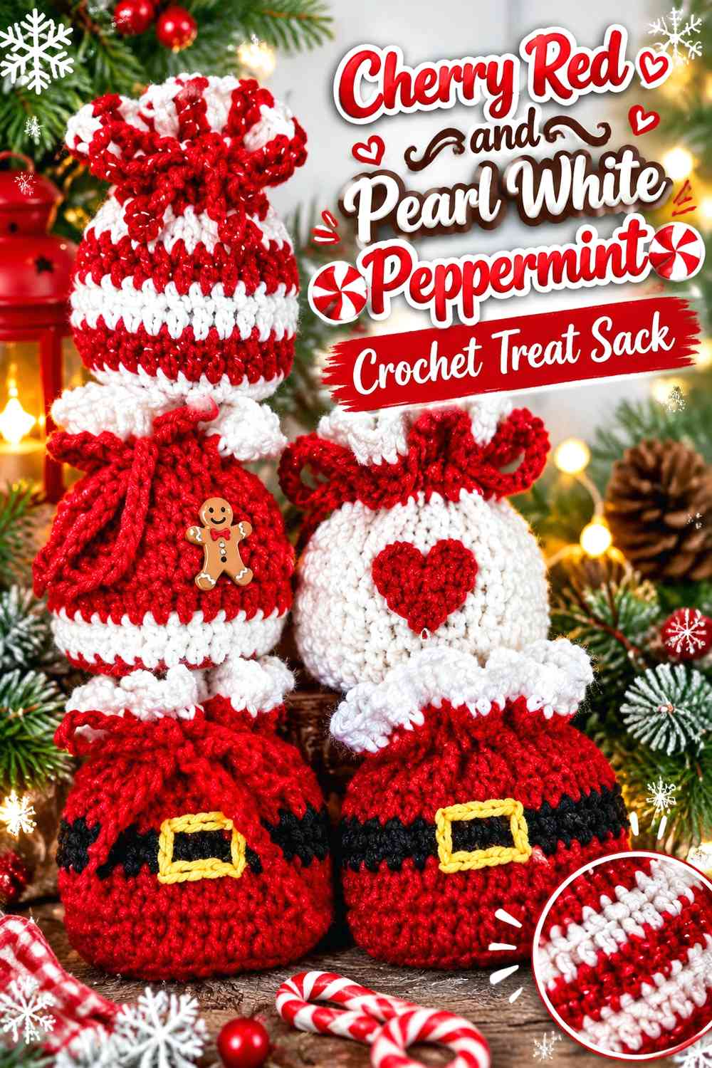 Cherry Red and Pearl White Peppermint Crochet Treat Sack