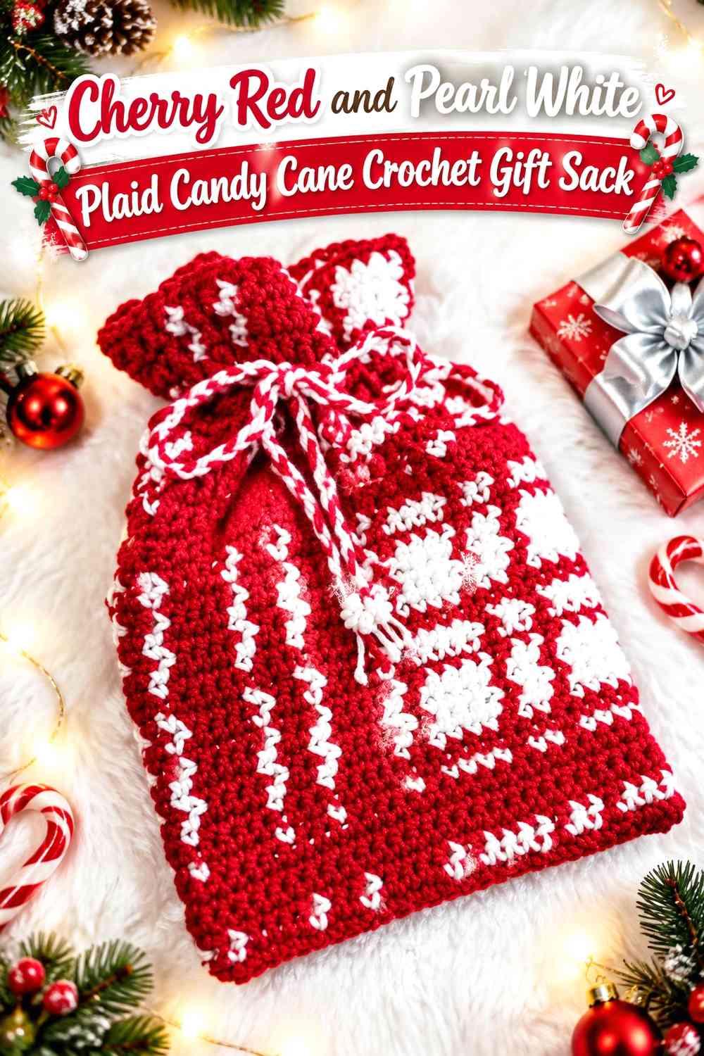Cherry Red and Pearl White Plaid Candy Cane Crochet Gift Sack