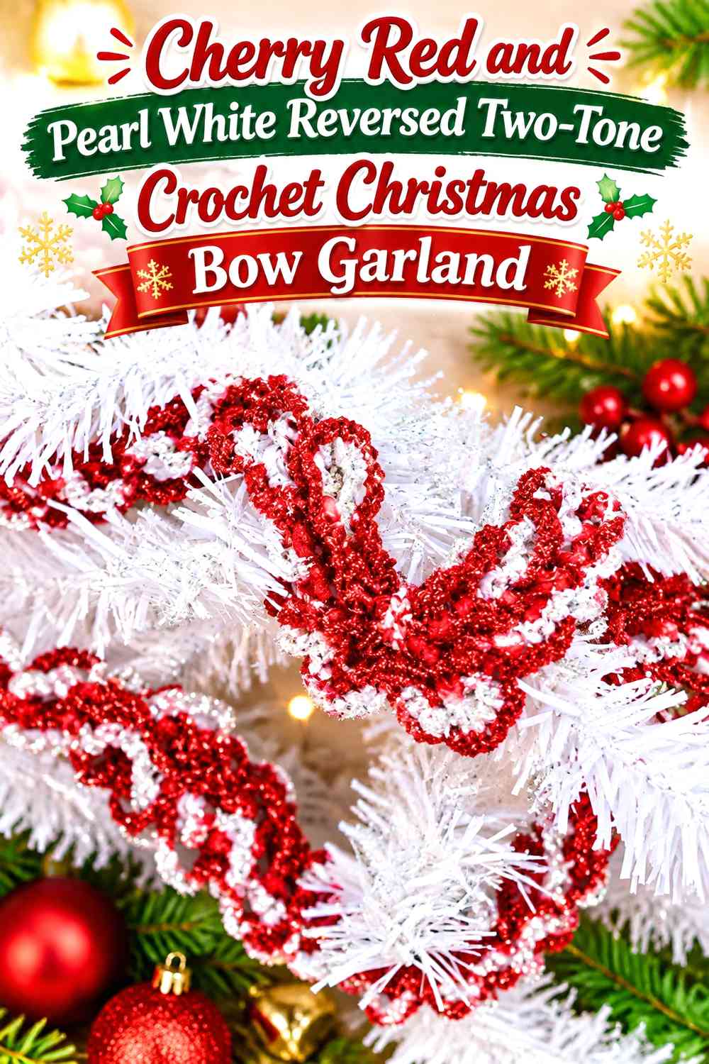 Cherry Red and Pearl White Reversed Two-Tone Crochet Christmas Bow Garland