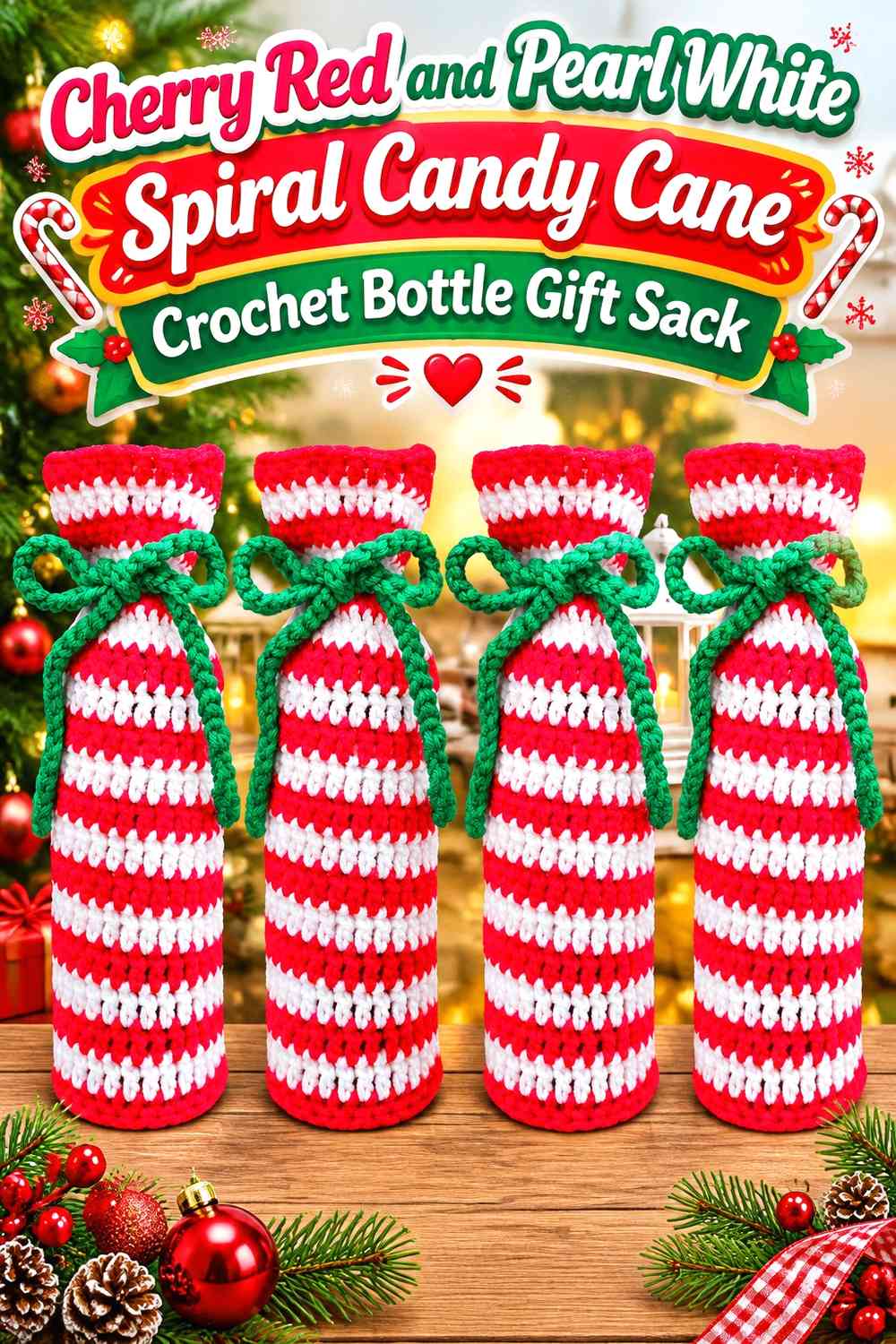 Cherry Red and Pearl White Spiral Candy Cane Crochet Bottle Gift Sack