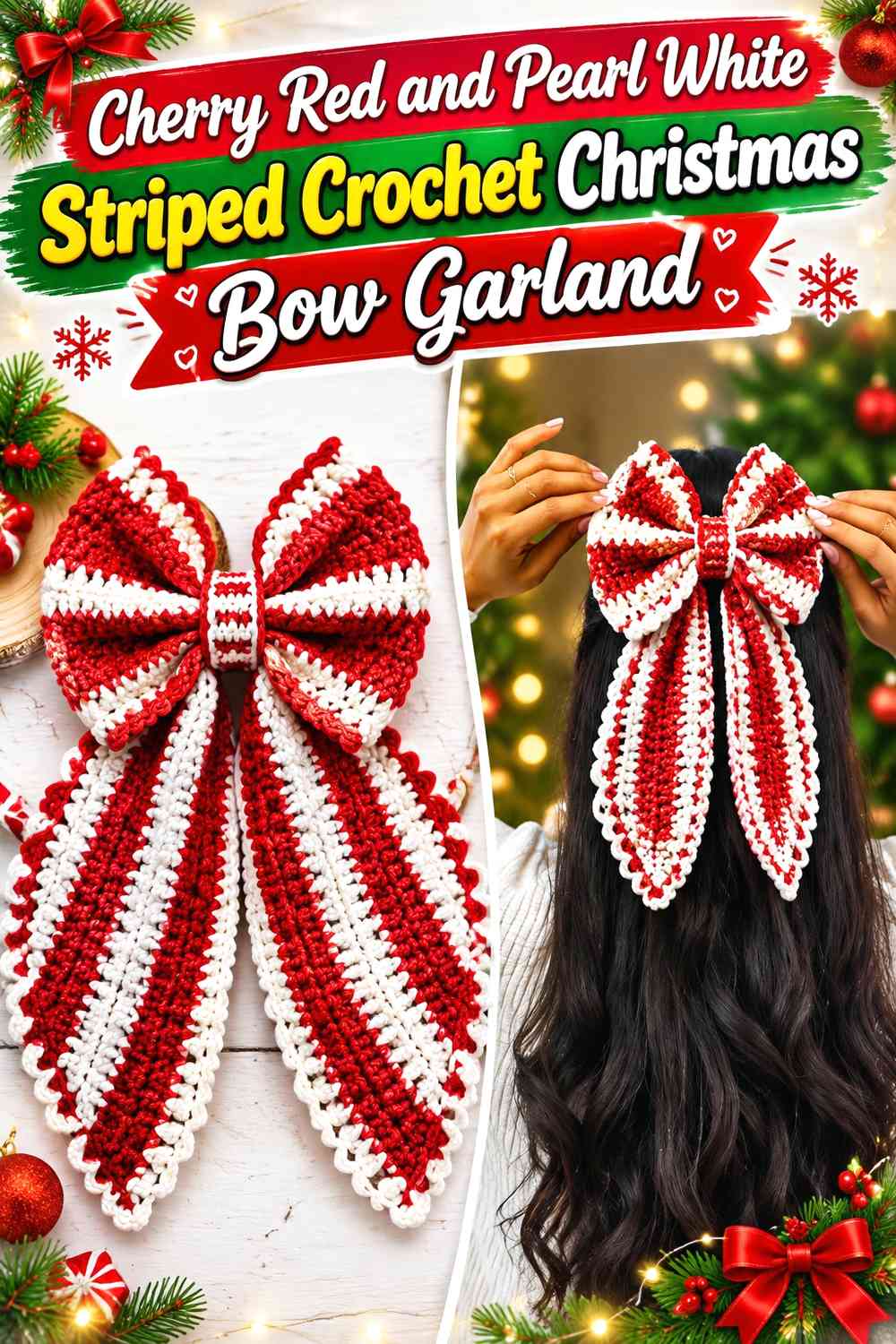 Cherry Red and Pearl White Striped Crochet Christmas Bow Garland