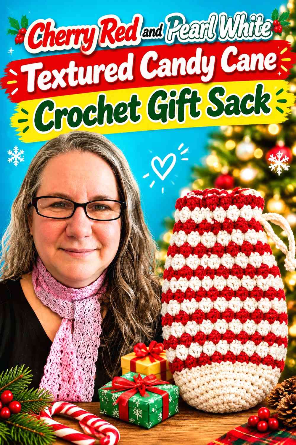 Cherry Red and Pearl White Textured Candy Cane Crochet Gift Sack