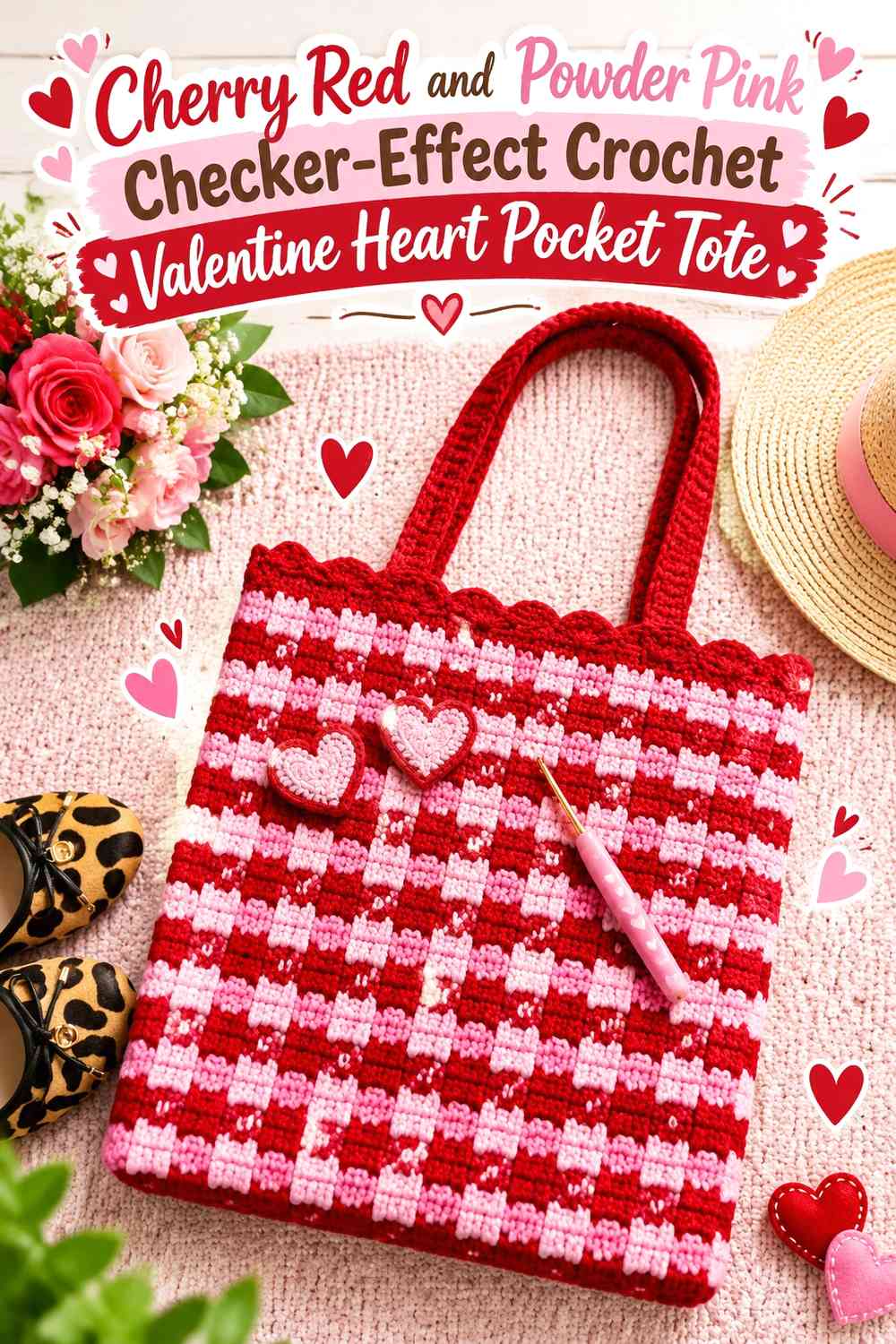 Cherry Red and Powder Pink Checker-Effect Crochet Valentine Heart Pocket Tote