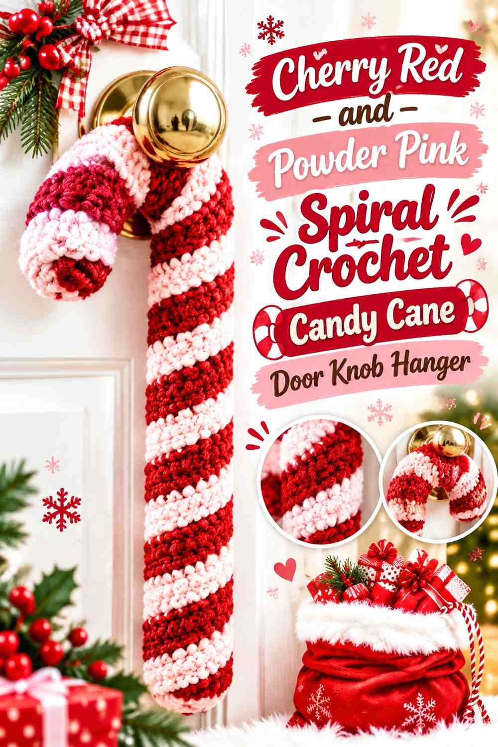 Cherry Red and Powder Pink Spiral Crochet Candy Cane Door Knob Hanger