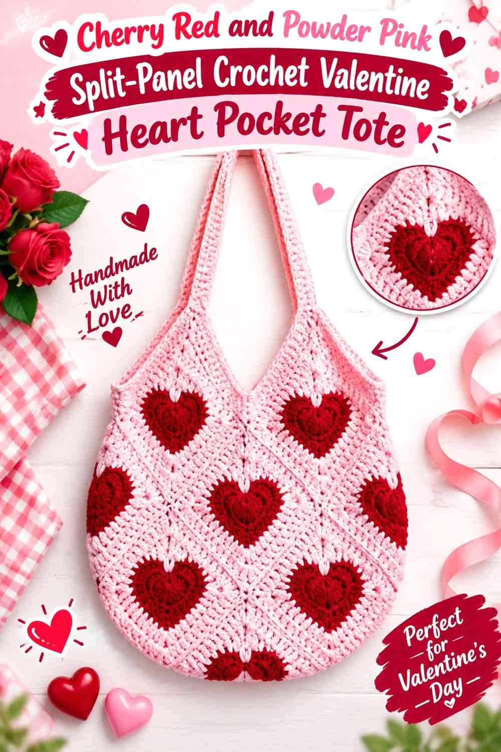 Cherry Red and Powder Pink Split-Panel Crochet Valentine Heart Pocket Tote