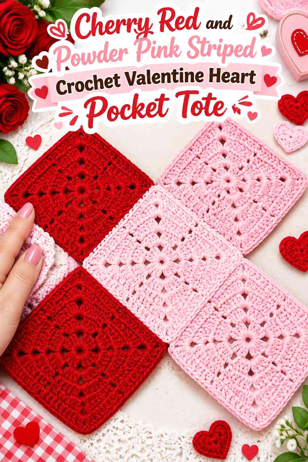 Cherry Red and Powder Pink Striped Crochet Valentine Heart Pocket Tote