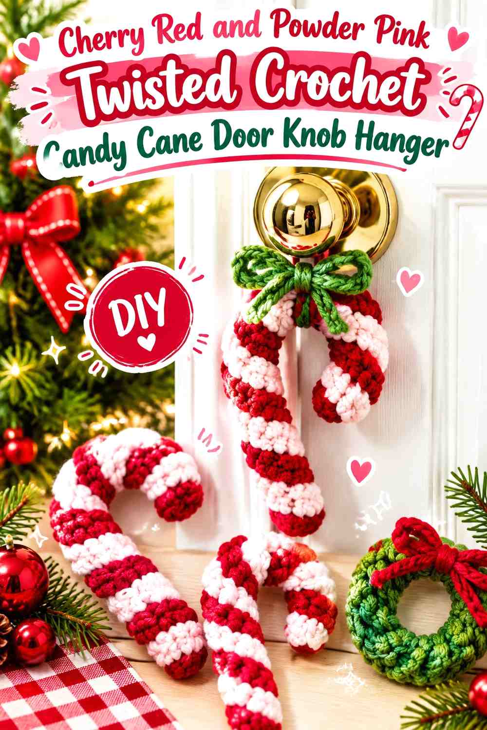 Cherry Red and Powder Pink Twisted Crochet Candy Cane Door Knob Hanger