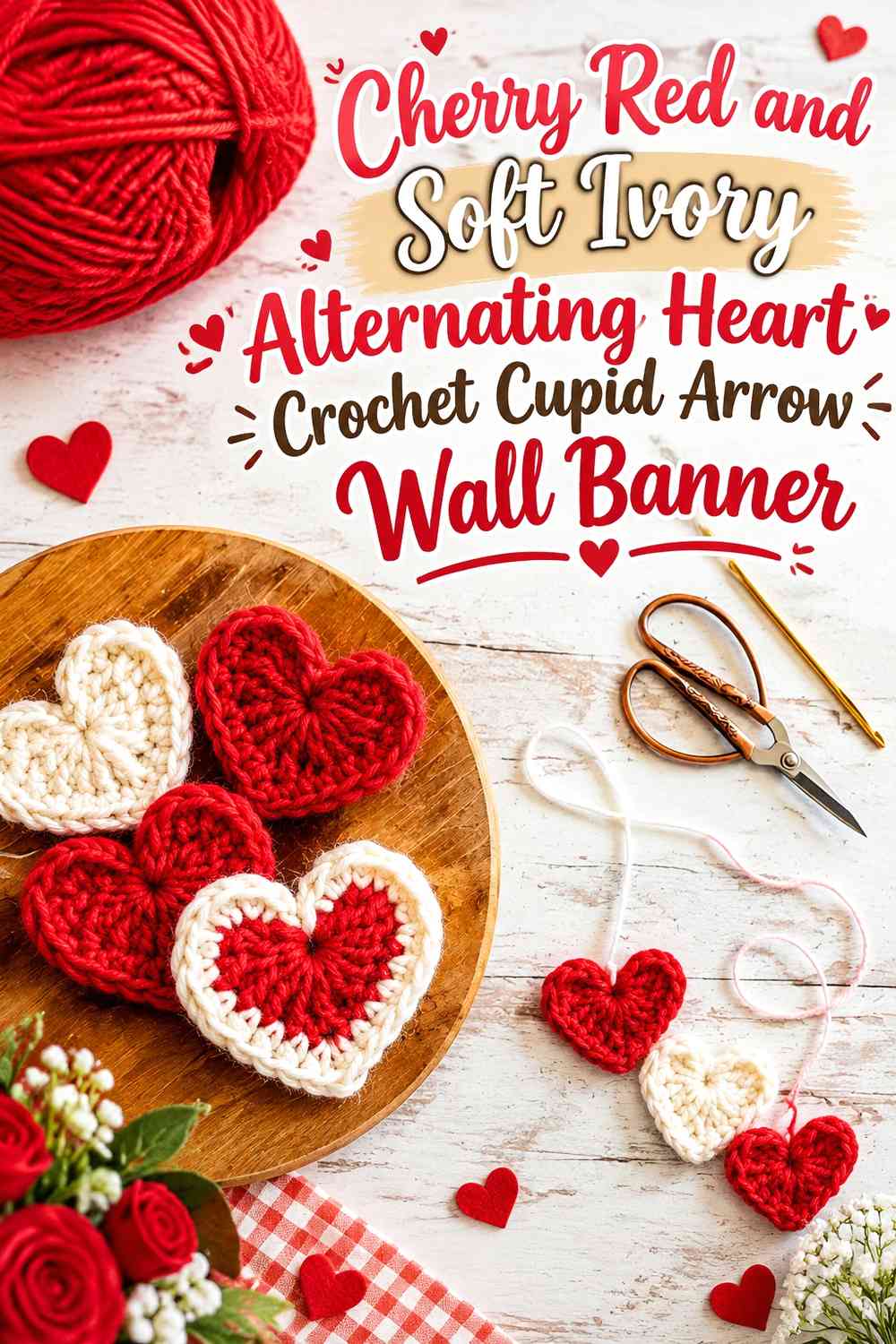 Cherry Red and Soft Ivory Alternating Heart Crochet Cupid Arrow Wall Banner