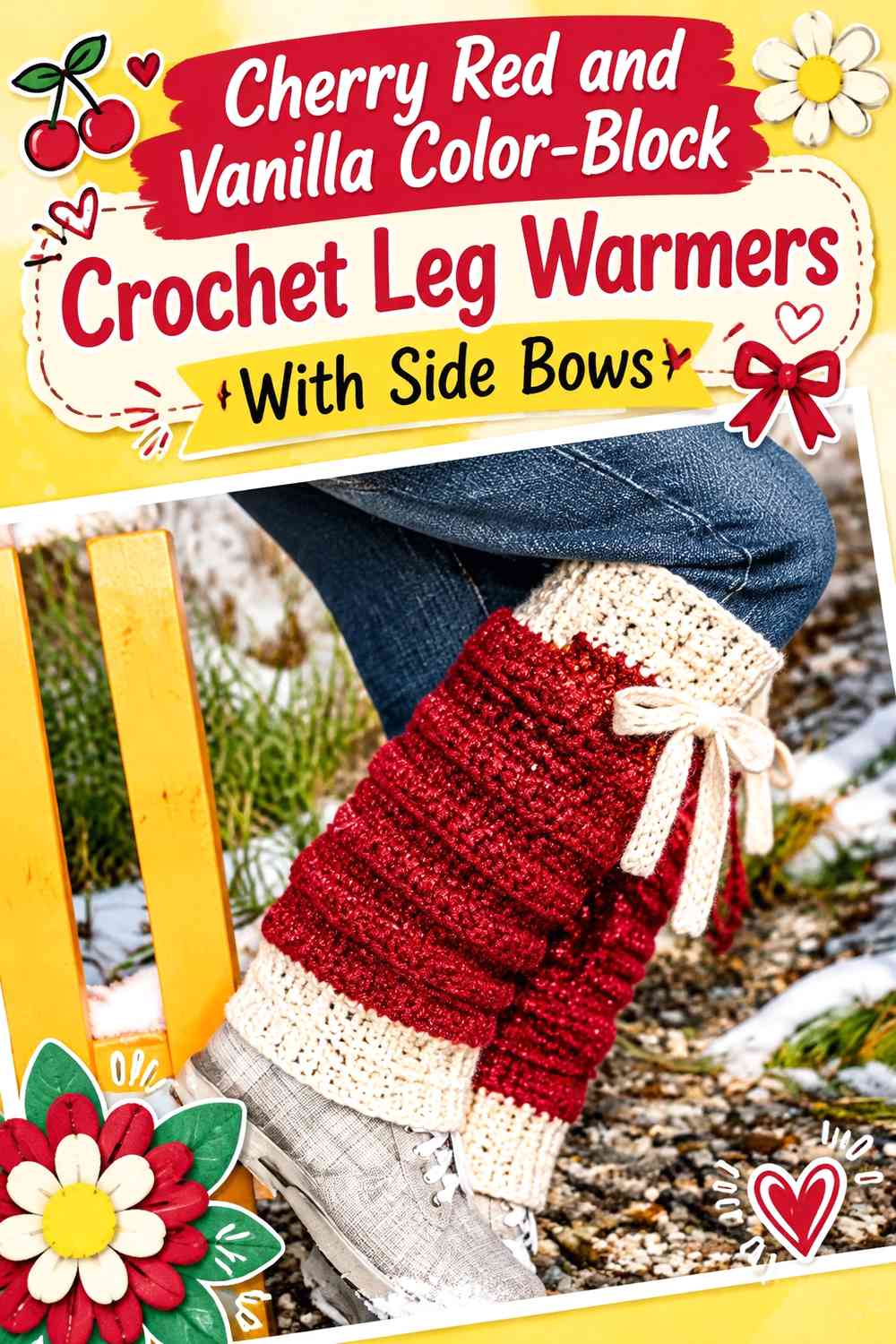 Cherry Red and Vanilla Color-Block Crochet Leg Warmers With Side Bows