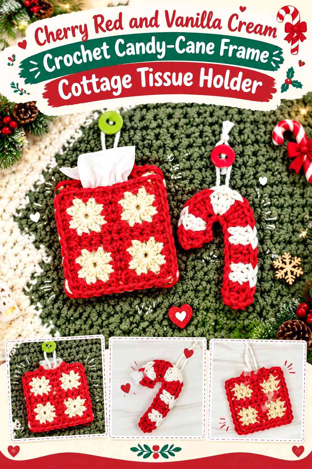 Cherry Red and Vanilla Cream Crochet Candy-Cane Frame Cottage Tissue Holder