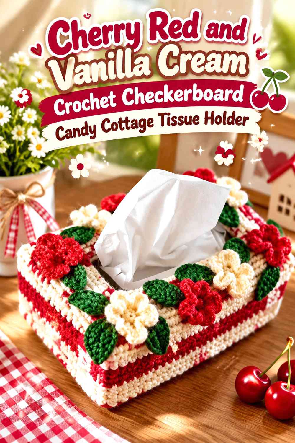 Cherry Red and Vanilla Cream Crochet Checkerboard Candy Cottage Tissue Holder