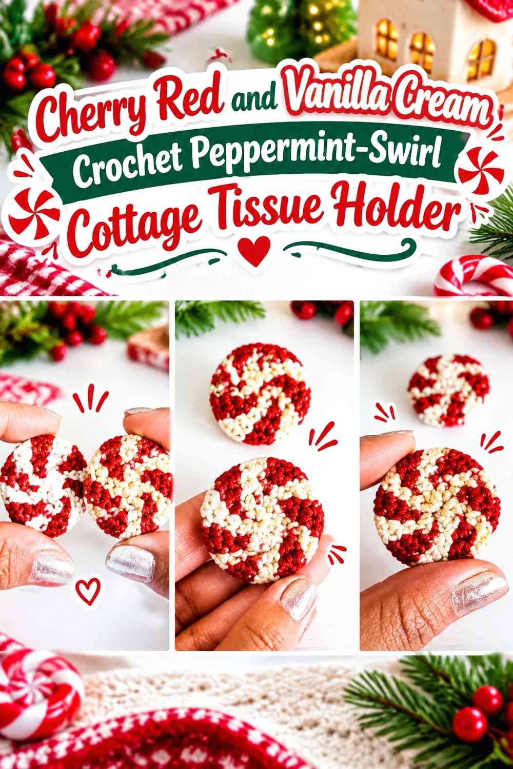 Cherry Red and Vanilla Cream Crochet Peppermint-Swirl Cottage Tissue Holder