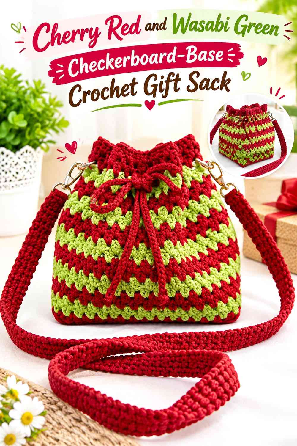Cherry Red and Wasabi Green Checkerboard-Base Crochet Gift Sack