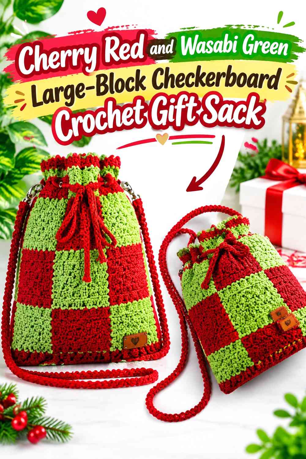 Cherry Red and Wasabi Green Large-Block Checkerboard Crochet Gift Sack