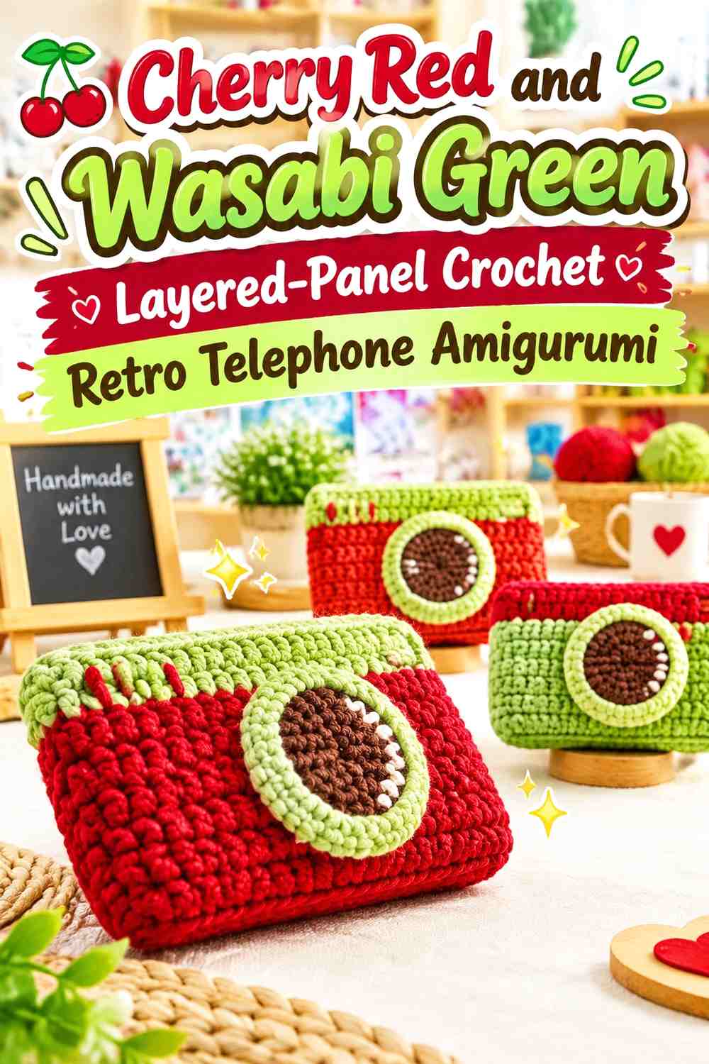 Cherry Red and Wasabi Green Layered-Panel Crochet Retro Telephone Amigurumi