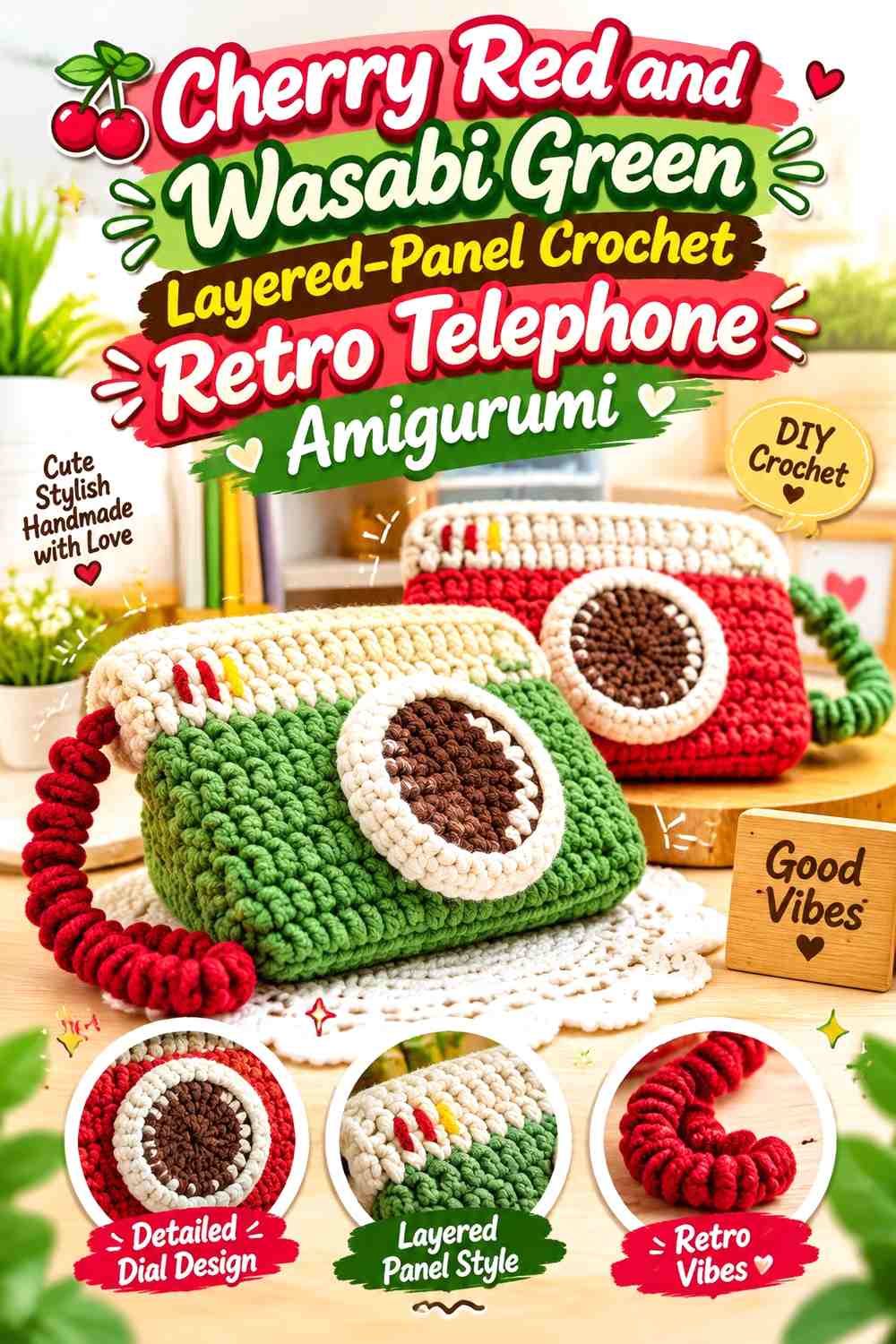 Cherry Red and Wasabi Green Layered-Panel Crochet Retro Telephone Amigurumi